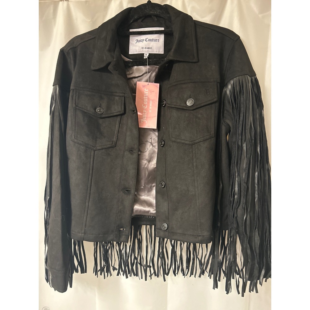 Juicy Couture Fringed Trucker Jacket Black Faux Suede Leather size Med - Picture 8 of 9